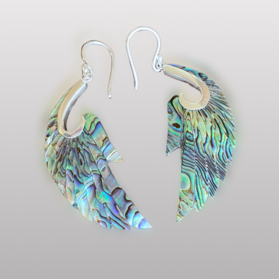 angel wing earrings paua shell silver trimmings safe travels hand carved features genuine shell