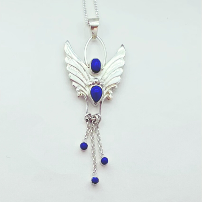 lapis lazuli angel pendant and chain in sterling silver with sterling silver 18' curb chain