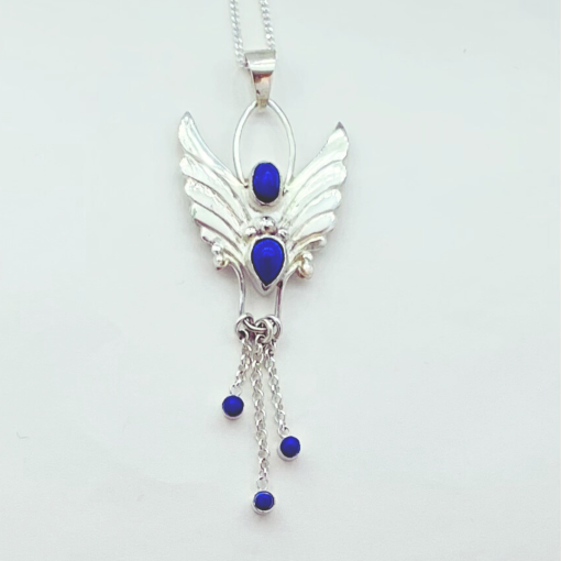 lapis lazuli angel pendant and chain in sterling silver with sterling silver 18' curb chain